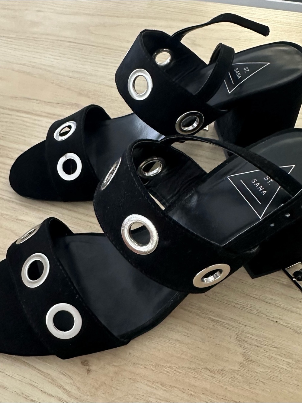Sol Sana Black Block Heel Sandals with Silver Grommets